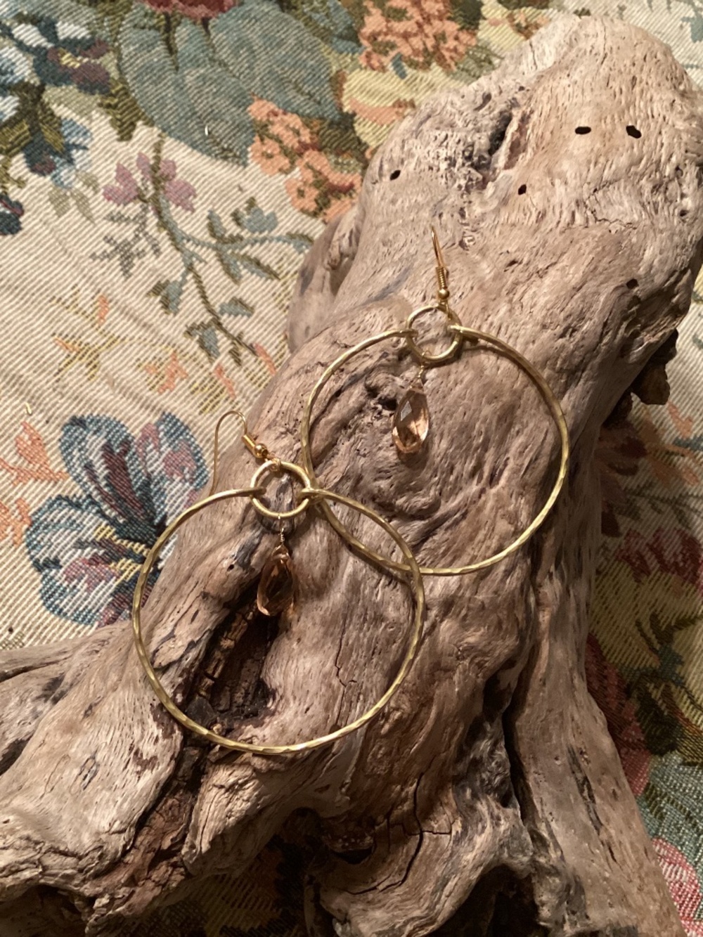 Hammered Gold Hoop Earrings w/ Faceted Champagne Teardrop Crystal